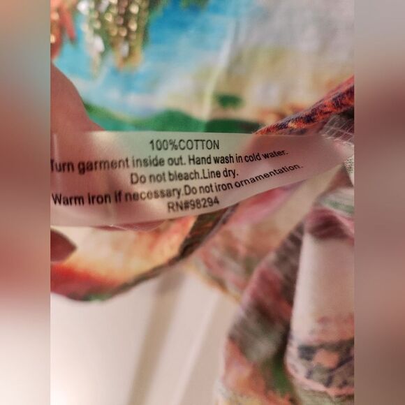 Thomas&Olivia XL Multicolored Beach Print Shrtsl Beaded 100% Cotton Women’s Top - Picture 8 of 10